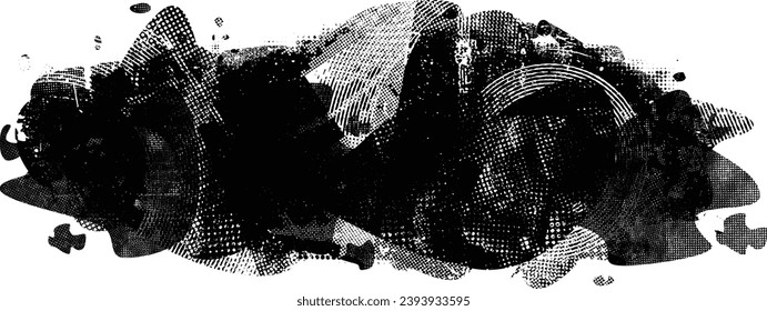 Glitch distorted grange shape . Noise grungy logo . Trendy defect error shapes . Glitched frame .Grunge textured . Distressed effect .Vector shapes with a halftone dots screen print texture.