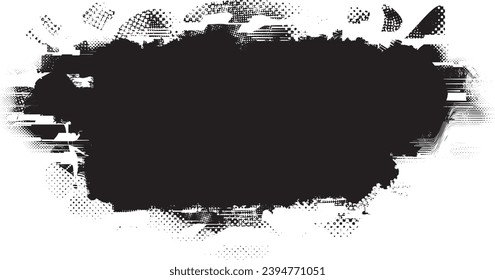 Glitch distorted grange shape . Noise grungy logo . Trendy defect error shapes . Glitched frame .Grunge textured . Distressed effect .Vector shapes with a halftone dots screen print texture.