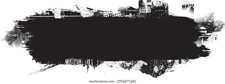 Glitch distorted grange shape . Noise grungy logo . Trendy defect error shapes . Glitched frame .Grunge textured . Distressed effect .Vector shapes with a halftone dots screen print texture.