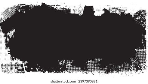 Glitch distorted grange shape . Noise grungy logo . Trendy defect error shapes . Glitched frame .Grunge textured . Distressed effect .Vector shapes with a halftone dots screen print texture.