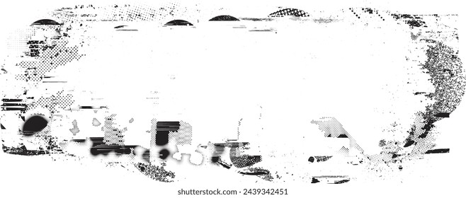 Glitch distorsionado en forma de grano . Ruido grungy logo . Formas de error de defecto de moda . Marco brillante .Grunge texturizado . Efecto angustiado. Formas vectoriales