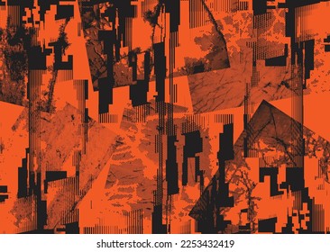 Glitch distorted grunge background . Noise destroyed texture . Trendy defect error shapes . grunge texture . Distressed effect .Vector shapes with a duo tone halftone dots screen print texture.