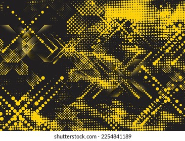 Glitch distorted grunge background . Noise destroyed texture . Trendy defect error shapes . grunge texture . Distressed effect .Vector shapes with a duo tone halftone dots screen print texture.