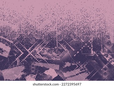 Glitch distorted grunge background . Noise destroyed texture . Trendy defect error shapes . grunge texture . Distressed effect .Vector shapes with a duo tone halftone dots screen print texture.