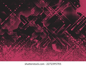 Glitch distorted grunge background . Noise destroyed texture . Trendy defect error shapes . grunge texture . Distressed effect .Vector shapes with a duo tone halftone dots screen print texture.
