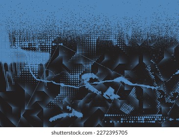 Glitch distorted grunge background . Noise destroyed texture . Trendy defect error shapes . grunge texture . Distressed effect .Vector shapes with a duo tone halftone dots screen print texture.