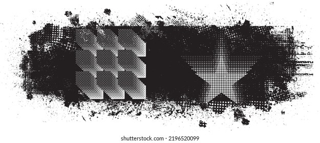 Glitch distorted grunge collage  . Noise destroyed texture . Trendy defect error shapes . Overlay grunge texture . Distressed effect .Vector shapes with a halftone dots screen print texture.