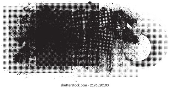 Glitch distorted grunge collage  . Noise destroyed texture . Trendy defect error shapes . Overlay grunge texture . Distressed effect .Vector shapes with a halftone dots screen print texture.