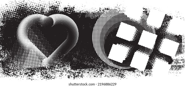Glitch distorted grunge collage  . Noise destroyed texture . Trendy defect error shapes . Overlay grunge texture . Distressed effect .Vector shapes with a halftone dots screen print texture.