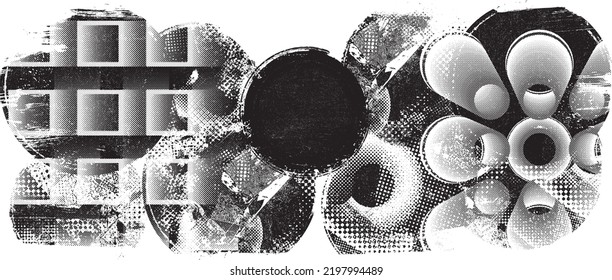 Glitch distorted grunge collage  . Noise destroyed texture . Trendy defect error shapes . Overlay grunge texture . Distressed effect .Vector shapes with a halftone dots screen print texture.