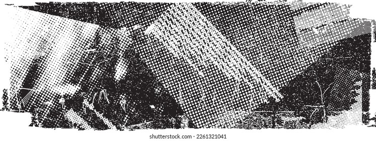 Glitch distorted grunge collage  . Noise destroyed texture . Trendy defect error shapes . Overlay grunge texture . Distressed effect .Vector shapes with a halftone dots screen print texture.