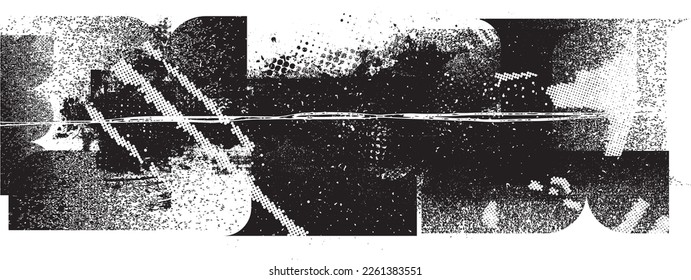 Glitch distorted grunge collage  . Noise destroyed texture . Trendy defect error shapes . Overlay grunge texture . Distressed effect .Vector shapes with a halftone dots screen print texture.