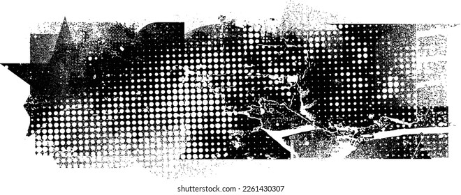 Glitch distorted grunge collage  . Noise destroyed texture . Trendy defect error shapes . Overlay grunge texture . Distressed effect .Vector shapes with a halftone dots screen print texture.