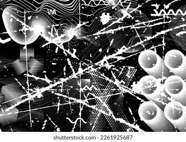 Glitch distorted grunge collage  . Noise destroyed texture . Trendy defect error shapes . Overlay grunge texture . Distressed effect .Vector shapes with a halftone dots screen print texture.