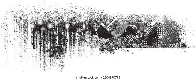 Glitch distorted grunge layer  . Noise destroyed texture . Trendy defect error shapes . Overlay grunge texture . Distressed effect .Vector shapes with a halftone dots screen print texture.