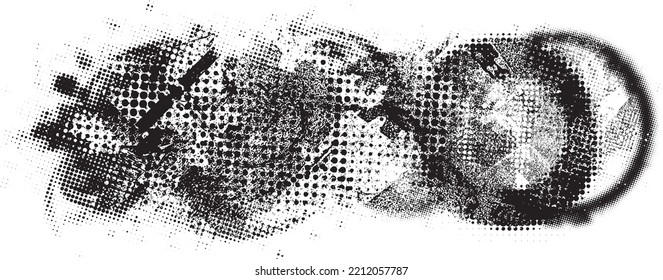 Glitch distorted grunge layer  . Noise destroyed texture . Trendy defect error shapes . Overlay grunge texture . Distressed effect .Vector shapes with a halftone dots screen print texture.