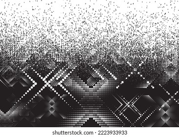 Glitch distorted grunge layer  . Noise destroyed texture . Trendy defect error shapes . Overlay grunge texture . Distressed effect .Vector shapes with a halftone dots screen print texture.