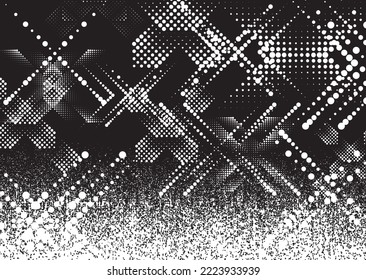 Glitch distorted grunge layer  . Noise destroyed texture . Trendy defect error shapes . Overlay grunge texture . Distressed effect .Vector shapes with a halftone dots screen print texture.