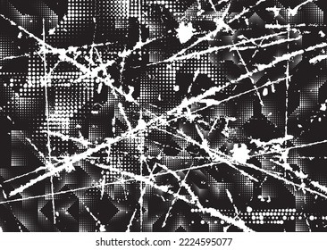 Glitch distorted grunge layer  . Noise scratched texture . Trendy textured shapes . Overlay grunge texture . Distressed effect .Vector shapes with a halftone dots and scratches. Screen print texture.