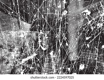 Glitch distorted grunge layer . Noise scratched texture . Trendy textured shapes . Overlay grunge texture . Distressed effect .Vector shapes with a halftone dots and scratches. Screen print texture.