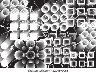 Glitch distorted grunge layer  . Noise cracked texture . Trendy textured shapes . Overlay grunge texture . Distressed effect .Vector shapes with a halftone dots and cracks. Screen print texture.