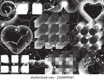 Glitch distorted grunge layer  . Noise cracked texture . Trendy textured shapes . Overlay grunge texture . Distressed effect .Vector shapes with a halftone dots and cracks. Screen print texture.