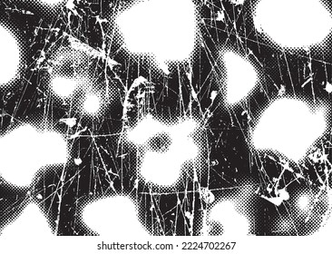 Glitch distorted grunge layer  . Noise scratched texture . Trendy textured shapes . Overlay grunge texture . Distressed effect .Vector shapes with a halftone dots and scratches. Screen print texture.