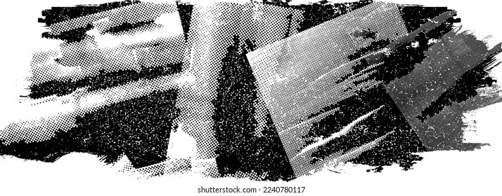 Glitch distorted grunge layer  . Noise destroyed texture . Trendy defect error shapes . Overlay grunge texture . Distressed effect .Vector shapes with a halftone dots screen print texture.