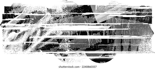 Glitch distorted grunge layer  . Noise destroyed texture . Trendy defect error shapes . Overlay grunge texture . Distressed effect .Vector shapes with a halftone dots screen print texture.