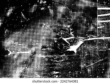 Glitch distorted grunge layer  . Noise scratched texture . Trendy textured shapes . Overlay grunge texture . Distressed effect .Vector shapes with a halftone dots and scratches. Screen print texture.