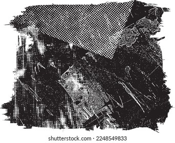 Glitch distorted grunge layer  . Noise destroyed texture . Trendy defect error shapes . Overlay grunge texture . Distressed effect .Vector shapes with a halftone dots screen print texture.