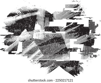 Glitch distorted grunge layer  . Noise destroyed texture . Trendy defect error shapes . Overlay grunge texture . Distressed effect .Vector shapes with a halftone dots screen print texture.
