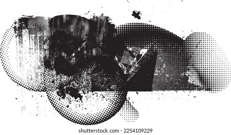 Glitch distorted grunge layer  . Noise destroyed texture . Trendy defect error shapes . Overlay grunge texture . Distressed effect .Vector shapes with a halftone dots screen print texture.