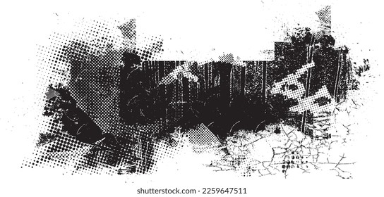 Glitch distorted grunge layer  . Noise destroyed texture . Trendy defect error shapes . Overlay grunge texture . Distressed effect .Vector shapes with a halftone dots screen print texture.