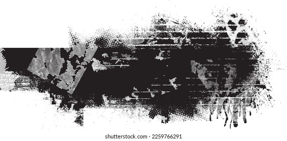 Glitch distorted grunge layer  . Noise destroyed texture . Trendy defect error shapes . Overlay grunge texture . Distressed effect .Vector shapes with a halftone dots screen print texture.