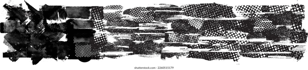 Glitch distorted grunge layer  . Noise destroyed texture . Trendy defect error shapes . Overlay grunge texture . Distressed effect .Vector shapes with a halftone dots screen print texture.