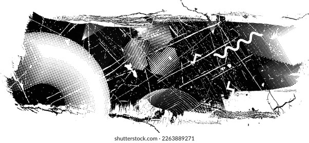 Glitch distorted grunge layer  . Noise destroyed texture . Trendy defect error shapes . Overlay grunge texture . Distressed effect .Vector shapes with a halftone dots screen print texture.