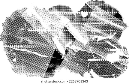Glitch distorted grunge layer  . Noise destroyed texture . Trendy defect error shapes . Overlay grunge texture . Distressed effect .Vector shapes with a halftone dots screen print texture.