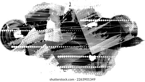 Glitch distorted grunge layer  . Noise destroyed texture . Trendy defect error shapes . Overlay grunge texture . Distressed effect .Vector shapes with a halftone dots screen print texture.