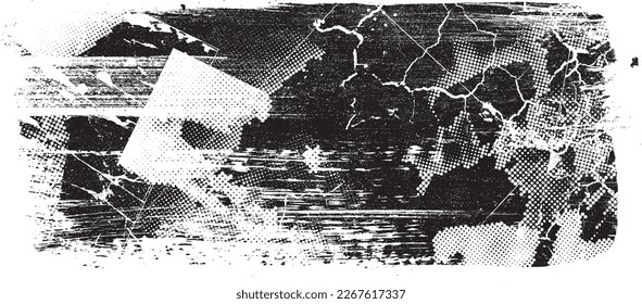 Glitch distorted grunge layer  . Noise destroyed texture . Trendy defect error shapes . Overlay grunge texture . Distressed effect .Vector shapes with a halftone dots screen print texture.