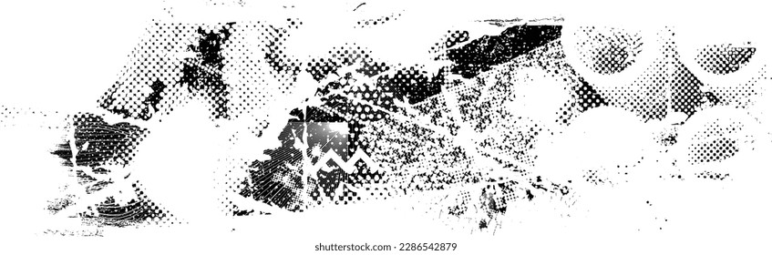 Glitch distorted grunge layer  . Noise destroyed texture . Trendy defect error shapes . Overlay grunge texture . Distressed effect .Vector shapes with a halftone dots screen print texture.