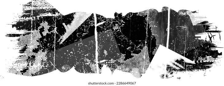 Glitch distorted grunge layer  . Noise destroyed texture . Trendy defect error shapes . Overlay grunge texture . Distressed effect .Vector shapes with a halftone dots screen print texture.