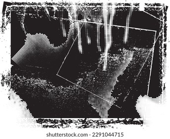 Glitch distorted grunge layer  . Noise destroyed texture . Trendy defect error shapes . Overlay grunge texture . Distressed effect .Vector shapes with a halftone dots screen print texture.