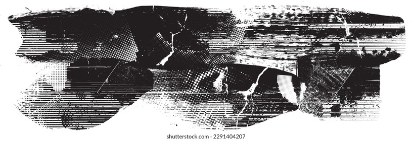 Glitch distorted grunge layer  . Noise destroyed texture . Trendy defect error shapes . Overlay grunge texture . Distressed effect .Vector shapes with a halftone dots screen print texture.