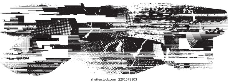 Glitch distorted grunge layer  . Noise destroyed texture . Trendy defect error shapes . Overlay grunge texture . Distressed effect .Vector shapes with a halftone dots screen print texture.