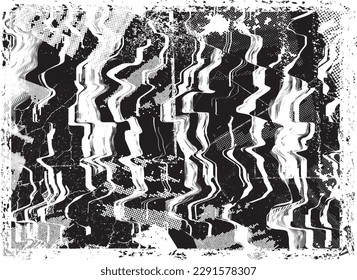 Glitch distorted grunge layer  . Noise destroyed texture . Trendy defect error shapes . Overlay grunge texture . Distressed effect .Vector shapes with a halftone dots screen print texture.