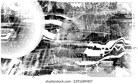 Glitch distorted grunge layer  . Noise destroyed texture . Trendy defect error shapes . Overlay grunge texture . Distressed effect .Vector shapes with a halftone dots screen print texture.