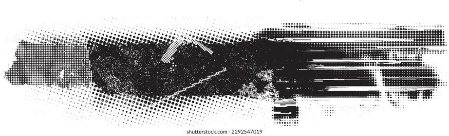 Glitch distorted grunge layer  . Noise destroyed texture . Trendy defect error shapes . Overlay grunge texture . Distressed effect .Vector shapes with a halftone dots screen print texture.