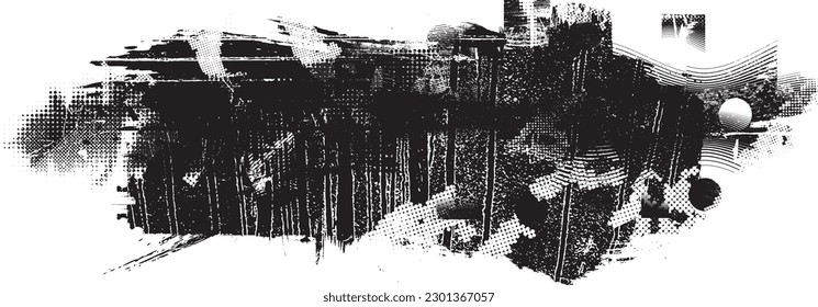 Glitch distorted grunge layer  . Noise destroyed texture . Trendy defect error shapes . Overlay grunge texture . Distressed effect .Vector shapes with a halftone dots screen print texture.