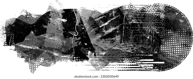 Glitch distorted grunge layer  . Noise destroyed texture . Trendy defect error shapes . Overlay grunge texture . Distressed effect .Vector shapes with a halftone dots screen print texture.